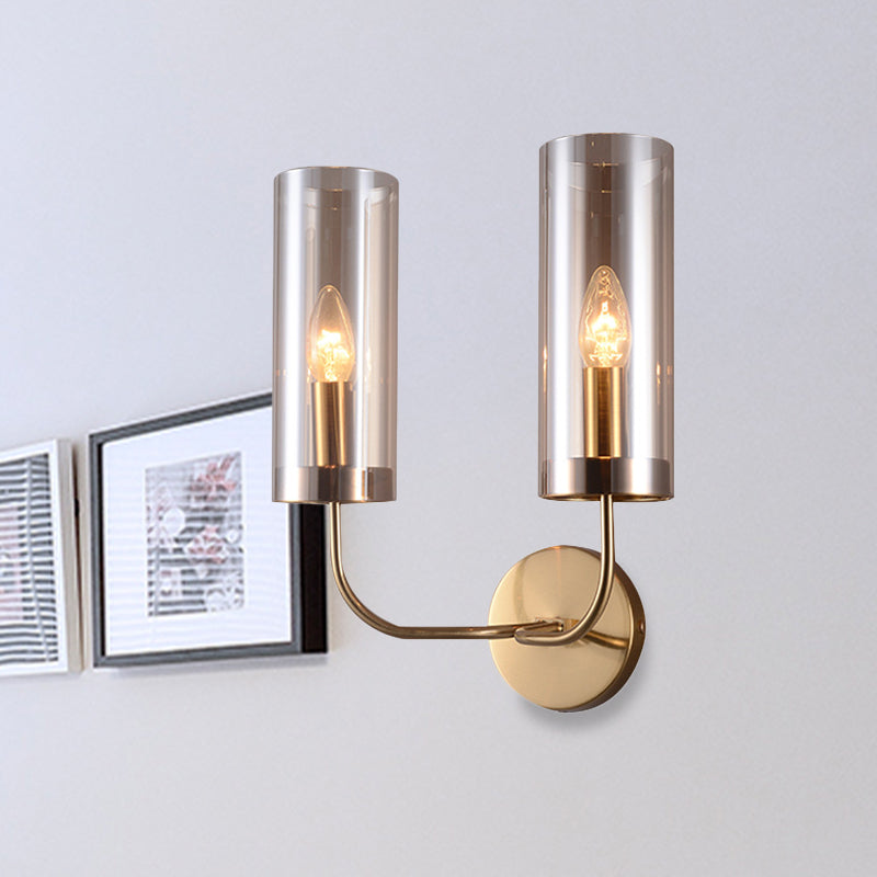 1/2-Light Living Room Wall Mount Lamp Retro Brass Sconce Light Fixture with Champagne/Light Blue Cylindrical Glass Shade Clearhalo 'Modern wall lights' 'Modern' 'Wall Lamps & Sconces' 'Wall Lights' Lighting' 274690