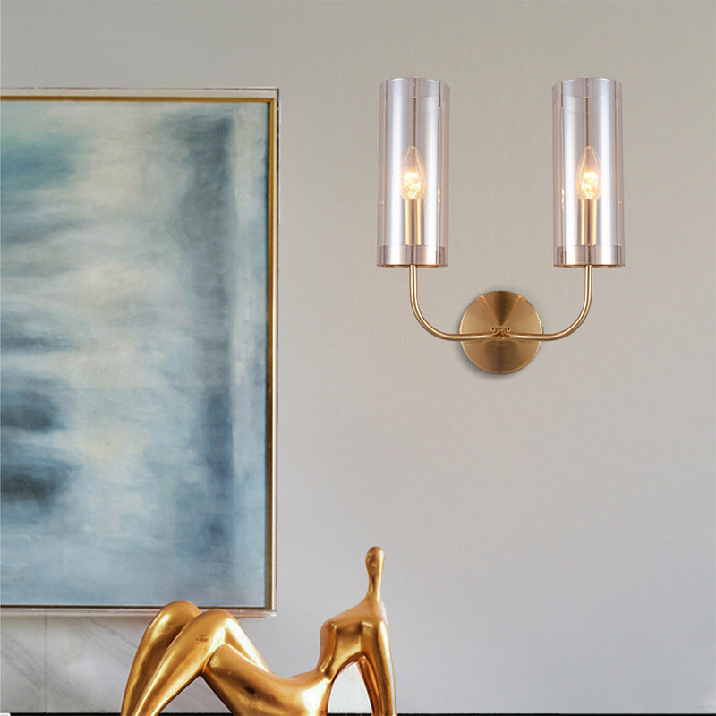 1/2-Light Living Room Wall Mount Lamp Retro Brass Sconce Light Fixture with Champagne/Light Blue Cylindrical Glass Shade Clearhalo 'Modern wall lights' 'Modern' 'Wall Lamps & Sconces' 'Wall Lights' Lighting' 274691