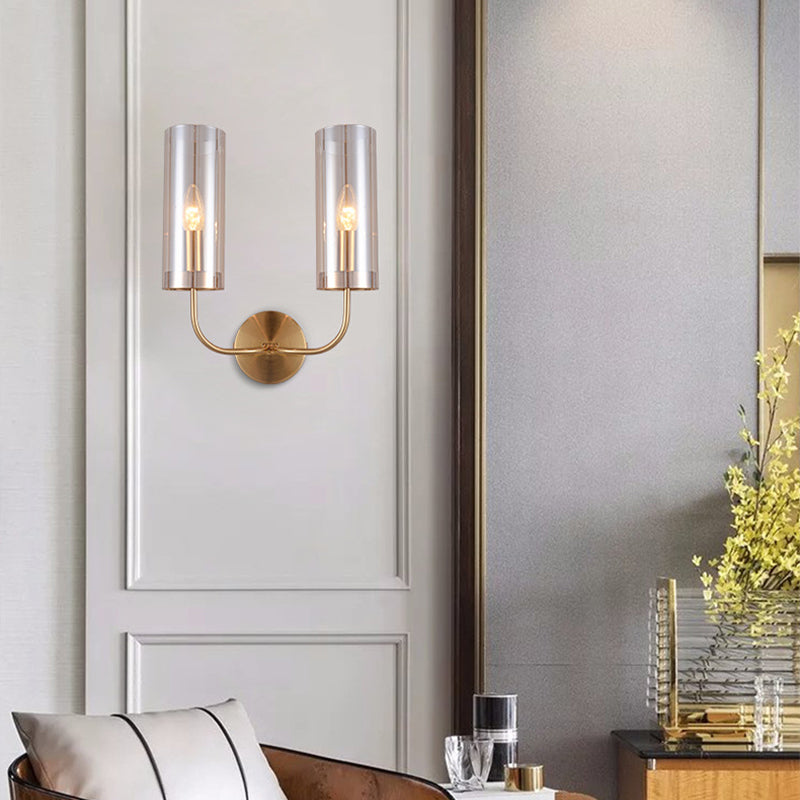 1/2-Light Living Room Wall Mount Lamp Retro Brass Sconce Light Fixture with Champagne/Light Blue Cylindrical Glass Shade Clearhalo 'Modern wall lights' 'Modern' 'Wall Lamps & Sconces' 'Wall Lights' Lighting' 274692