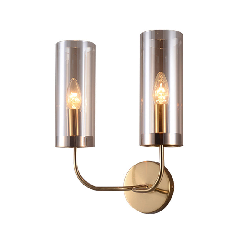 1/2-Light Living Room Wall Mount Lamp Retro Brass Sconce Light Fixture with Champagne/Light Blue Cylindrical Glass Shade Clearhalo 'Modern wall lights' 'Modern' 'Wall Lamps & Sconces' 'Wall Lights' Lighting' 274693