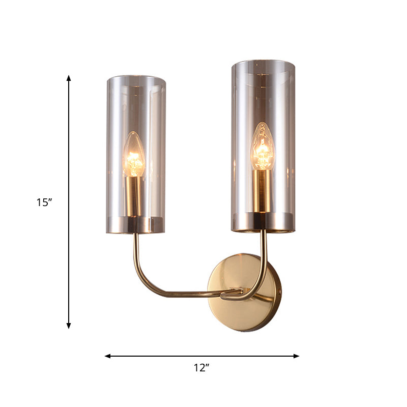 1/2-Light Living Room Wall Mount Lamp Retro Brass Sconce Light Fixture with Champagne/Light Blue Cylindrical Glass Shade Clearhalo 'Modern wall lights' 'Modern' 'Wall Lamps & Sconces' 'Wall Lights' Lighting' 274694