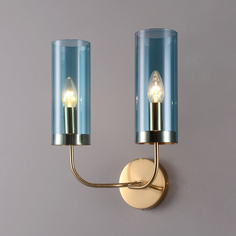 1/2-Light Living Room Wall Mount Lamp Retro Brass Sconce Light Fixture with Champagne/Light Blue Cylindrical Glass Shade 2.0 Light Blue Clearhalo 'Modern wall lights' 'Modern' 'Wall Lamps & Sconces' 'Wall Lights' Lighting' 274696