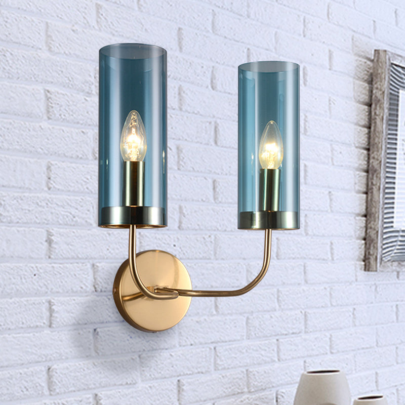 1/2-Light Living Room Wall Mount Lamp Retro Brass Sconce Light Fixture with Champagne/Light Blue Cylindrical Glass Shade Clearhalo 'Modern wall lights' 'Modern' 'Wall Lamps & Sconces' 'Wall Lights' Lighting' 274697