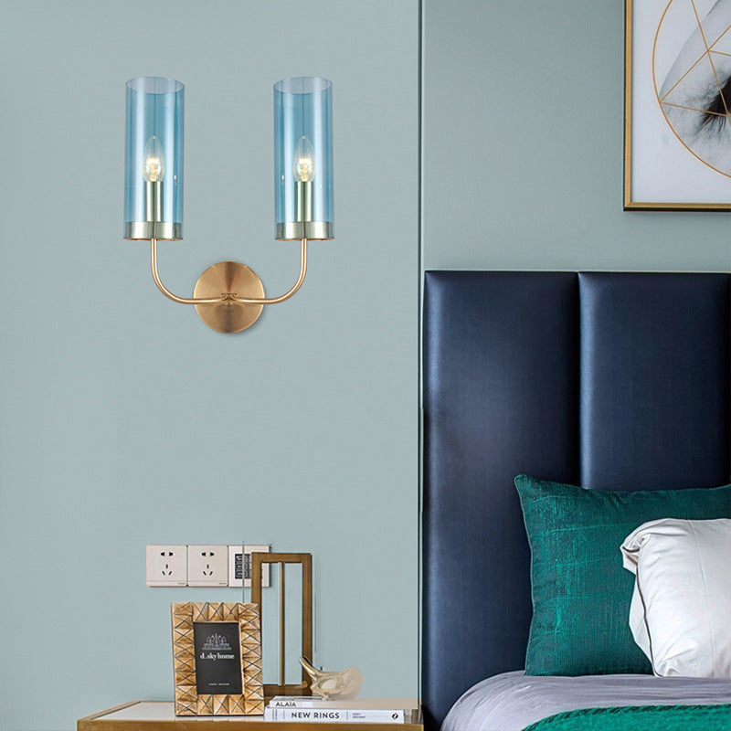 1/2-Light Living Room Wall Mount Lamp Retro Brass Sconce Light Fixture with Champagne/Light Blue Cylindrical Glass Shade Clearhalo 'Modern wall lights' 'Modern' 'Wall Lamps & Sconces' 'Wall Lights' Lighting' 274698