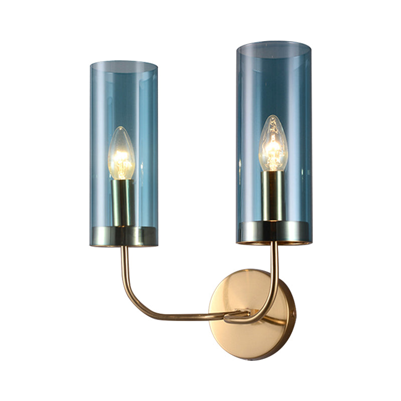 1/2-Light Living Room Wall Mount Lamp Retro Brass Sconce Light Fixture with Champagne/Light Blue Cylindrical Glass Shade Clearhalo 'Modern wall lights' 'Modern' 'Wall Lamps & Sconces' 'Wall Lights' Lighting' 274699