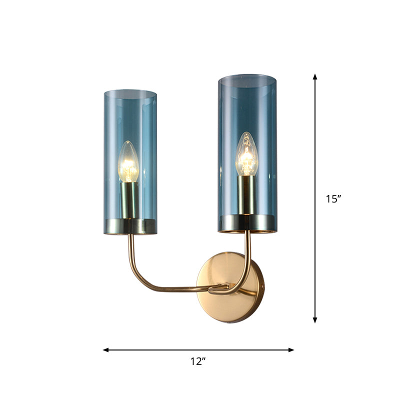 1/2-Light Living Room Wall Mount Lamp Retro Brass Sconce Light Fixture with Champagne/Light Blue Cylindrical Glass Shade Clearhalo 'Modern wall lights' 'Modern' 'Wall Lamps & Sconces' 'Wall Lights' Lighting' 274700