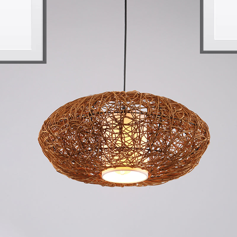 Woven Suspension Pendant Retro Rattan 1 Bulb Brown Hanging Light Kit for Tearoom Clearhalo 'Ceiling Lights' 'Modern Pendants' 'Modern' 'Pendant Lights' 'Pendants' Lighting' 274719