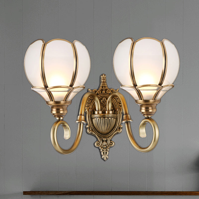 Traditional Flower Sconce Light Fixture 1/2-Bulb Metal Wall Lamp in Brass for Bedroom 2.0 Brass Clearhalo 'Wall Lamps & Sconces' 'Wall Lights' Lighting' 274849