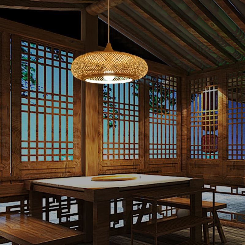 Modernism 1 Bulb Pendant Lighting Wood Donut/Hat Hanging Light Fixture with Bamboo Shade Clearhalo 'Ceiling Lights' 'Modern Pendants' 'Modern' 'Pendant Lights' 'Pendants' Lighting' 274947