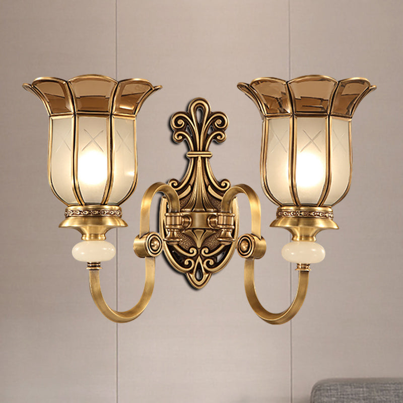 Flower Metal Wall Sconce Traditional Brass 1/2-Bulb Living Room Wall Lighting Fixture 2.0 Brass Clearhalo 'Wall Lamps & Sconces' 'Wall Lights' Lighting' 274957