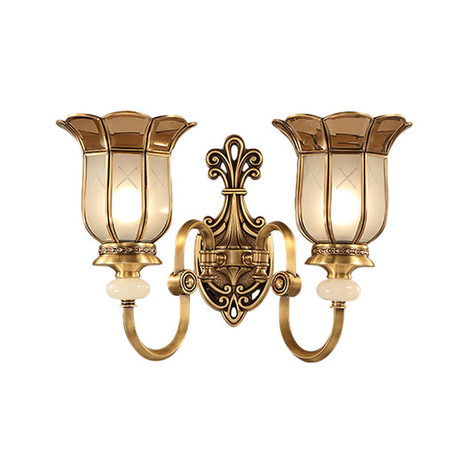 Flower Metal Wall Sconce Traditional Brass 1/2-Bulb Living Room Wall Lighting Fixture Clearhalo 'Wall Lamps & Sconces' 'Wall Lights' Lighting' 274960