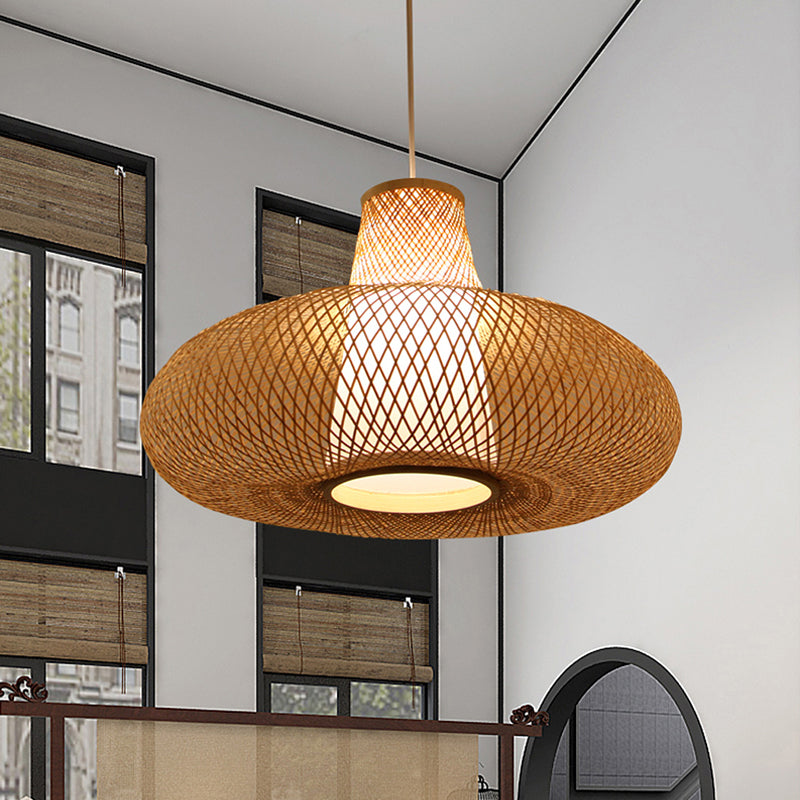 Weave Suspension Pendant Contemporary Bamboo 1 Bulb Wood Hanging Light Kit, 16"/19.5" Wide Wood Clearhalo 'Ceiling Lights' 'Modern Pendants' 'Modern' 'Pendant Lights' 'Pendants' Lighting' 274973