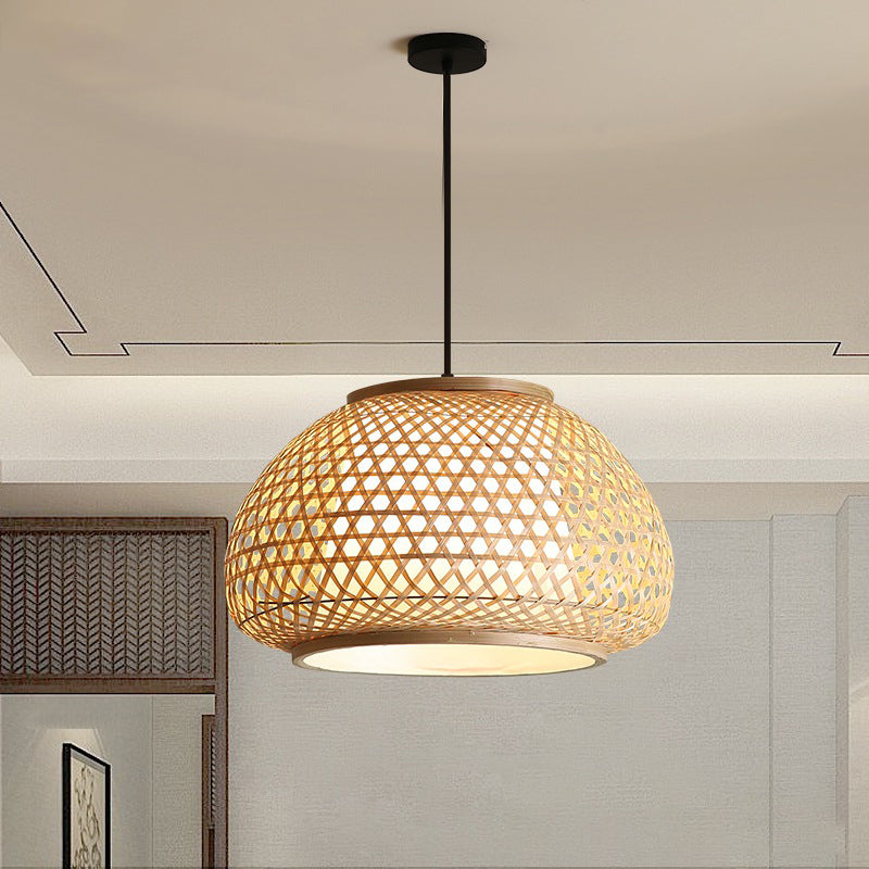 16"/19.5"/23.5" Wide Dome Suspension Pendant Retro Bamboo 1 Bulb Wood Hanging Light Fixture Clearhalo 'Ceiling Lights' 'Modern Pendants' 'Modern' 'Pendant Lights' 'Pendants' Lighting' 275018