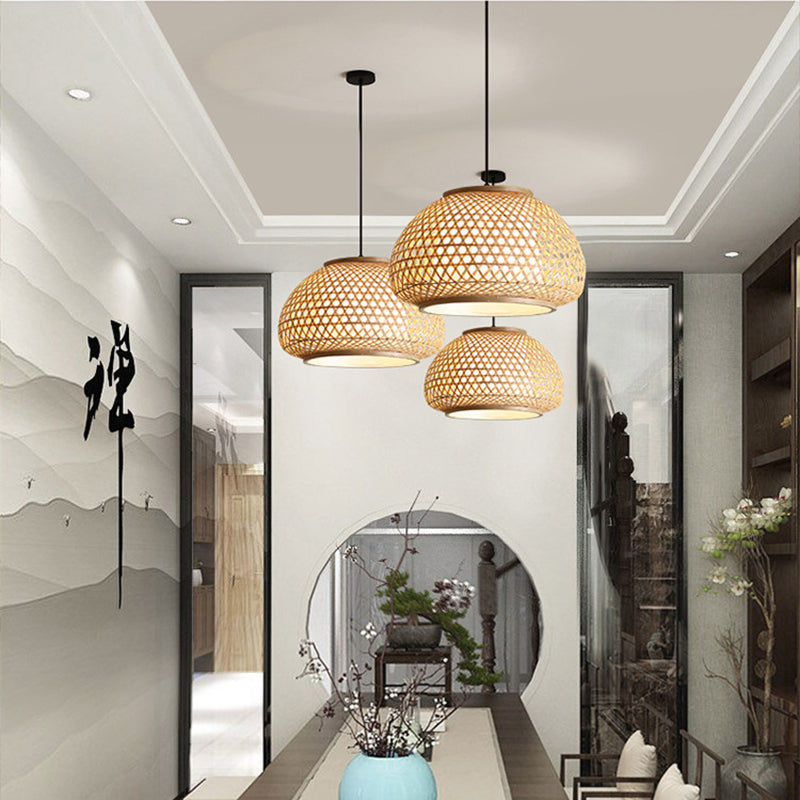 16"/19.5"/23.5" Wide Dome Suspension Pendant Retro Bamboo 1 Bulb Wood Hanging Light Fixture Clearhalo 'Ceiling Lights' 'Modern Pendants' 'Modern' 'Pendant Lights' 'Pendants' Lighting' 275019