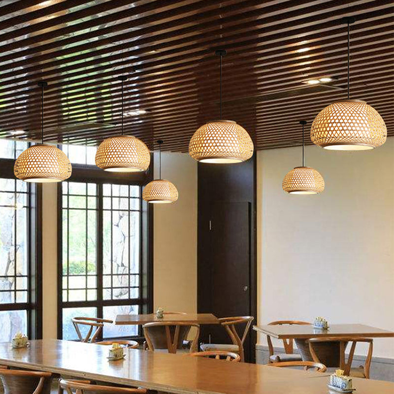 16"/19.5"/23.5" Wide Dome Suspension Pendant Retro Bamboo 1 Bulb Wood Hanging Light Fixture Clearhalo 'Ceiling Lights' 'Modern Pendants' 'Modern' 'Pendant Lights' 'Pendants' Lighting' 275020