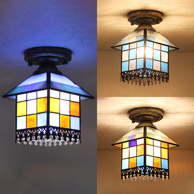 1 Head House Flush Lighting Rustic Lodge Style Stained Glass Flush Mount Lamp in Black/Blue/Brass/Clear/Blue-Clear for Foyer Clearhalo 'Ceiling Lights' 'Close To Ceiling Lights' 'Close to ceiling' 'Glass shade' 'Glass' 'Semi-flushmount' 'Tiffany close to ceiling' 'Tiffany' Lighting' 27504