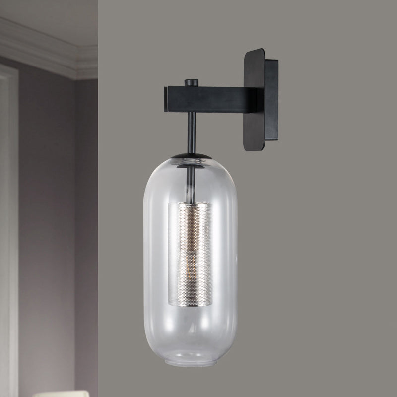 Black Pill Shape Wall Light Modern Single Light Translucent Glass Wall Light Sconce Clearhalo 'Cast Iron' 'Glass' 'Industrial' 'Modern wall lights' 'Modern' 'Tiffany' 'Traditional wall lights' 'Wall Lamps & Sconces' 'Wall Lights' Lighting' 275053