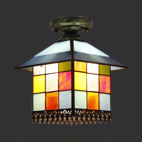 1 Head House Flush Lighting Rustic Lodge Style Stained Glass Flush Mount Lamp in Black/Blue/Brass/Clear/Blue-Clear for Foyer Clearhalo 'Ceiling Lights' 'Close To Ceiling Lights' 'Close to ceiling' 'Glass shade' 'Glass' 'Semi-flushmount' 'Tiffany close to ceiling' 'Tiffany' Lighting' 27506