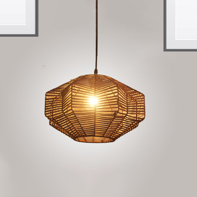 Brown Lantern Pendant Lighting Traditionary Rattan 1 Bulb Hanging Lamp Kit for Restaurant Brown Clearhalo 'Ceiling Lights' 'Modern Pendants' 'Modern' 'Pendant Lights' 'Pendants' Lighting' 275078