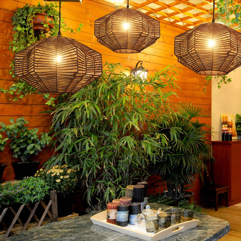 Brown Lantern Pendant Lighting Traditionary Rattan 1 Bulb Hanging Lamp Kit for Restaurant Clearhalo 'Ceiling Lights' 'Modern Pendants' 'Modern' 'Pendant Lights' 'Pendants' Lighting' 275080