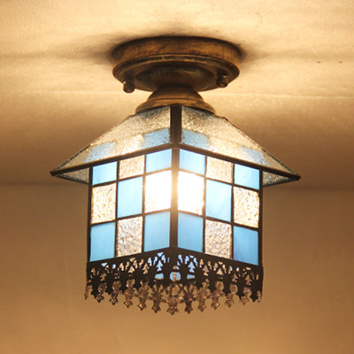 1 Head House Flush Lighting Rustic Lodge Style Stained Glass Flush Mount Lamp in Black/Blue/Brass/Clear/Blue-Clear for Foyer Blue-Clear Clearhalo 'Ceiling Lights' 'Close To Ceiling Lights' 'Close to ceiling' 'Glass shade' 'Glass' 'Semi-flushmount' 'Tiffany close to ceiling' 'Tiffany' Lighting' 27509
