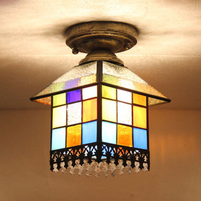 1 Head House Flush Lighting Rustic Lodge Style Stained Glass Flush Mount Lamp in Black/Blue/Brass/Clear/Blue-Clear for Foyer Clear Clearhalo 'Ceiling Lights' 'Close To Ceiling Lights' 'Close to ceiling' 'Glass shade' 'Glass' 'Semi-flushmount' 'Tiffany close to ceiling' 'Tiffany' Lighting' 27510