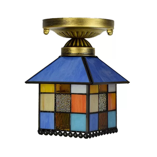 1 Head House Flush Lighting Rustic Lodge Style Stained Glass Flush Mount Lamp in Black/Blue/Brass/Clear/Blue-Clear for Foyer Clearhalo 'Ceiling Lights' 'Close To Ceiling Lights' 'Close to ceiling' 'Glass shade' 'Glass' 'Semi-flushmount' 'Tiffany close to ceiling' 'Tiffany' Lighting' 27512