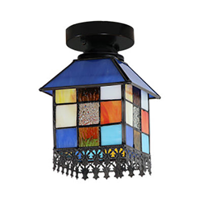 1 Head House Flush Lighting Rustic Lodge Style Stained Glass Flush Mount Lamp in Black/Blue/Brass/Clear/Blue-Clear for Foyer Clearhalo 'Ceiling Lights' 'Close To Ceiling Lights' 'Close to ceiling' 'Glass shade' 'Glass' 'Semi-flushmount' 'Tiffany close to ceiling' 'Tiffany' Lighting' 27515