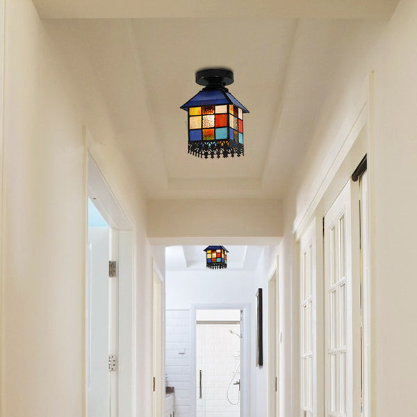 1 Head House Flush Lighting Rustic Lodge Style Stained Glass Flush Mount Lamp in Black/Blue/Brass/Clear/Blue-Clear for Foyer Black Clearhalo 'Ceiling Lights' 'Close To Ceiling Lights' 'Close to ceiling' 'Glass shade' 'Glass' 'Semi-flushmount' 'Tiffany close to ceiling' 'Tiffany' Lighting' 27516