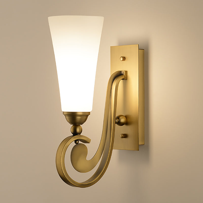 1 Head Tapered Wall Mount Lighting Modernism Style Frosted Glass Wall Light with Golden Curved Arm Clearhalo 'Wall Lamps & Sconces' 'Wall Lights' Lighting' 275173