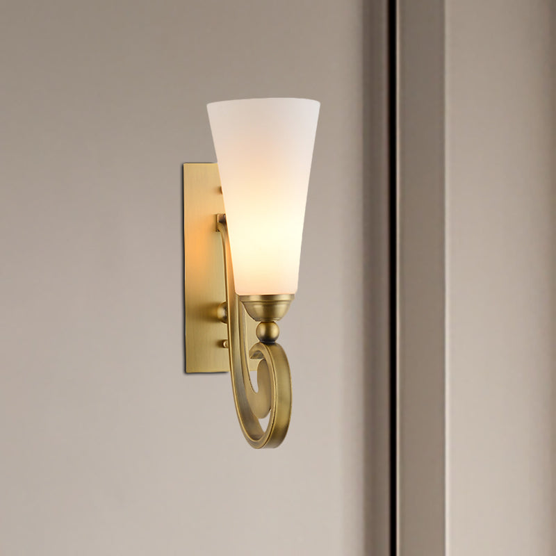 1 Head Tapered Wall Mount Lighting Modernism Style Frosted Glass Wall Light with Golden Curved Arm Gold Clearhalo 'Wall Lamps & Sconces' 'Wall Lights' Lighting' 275174