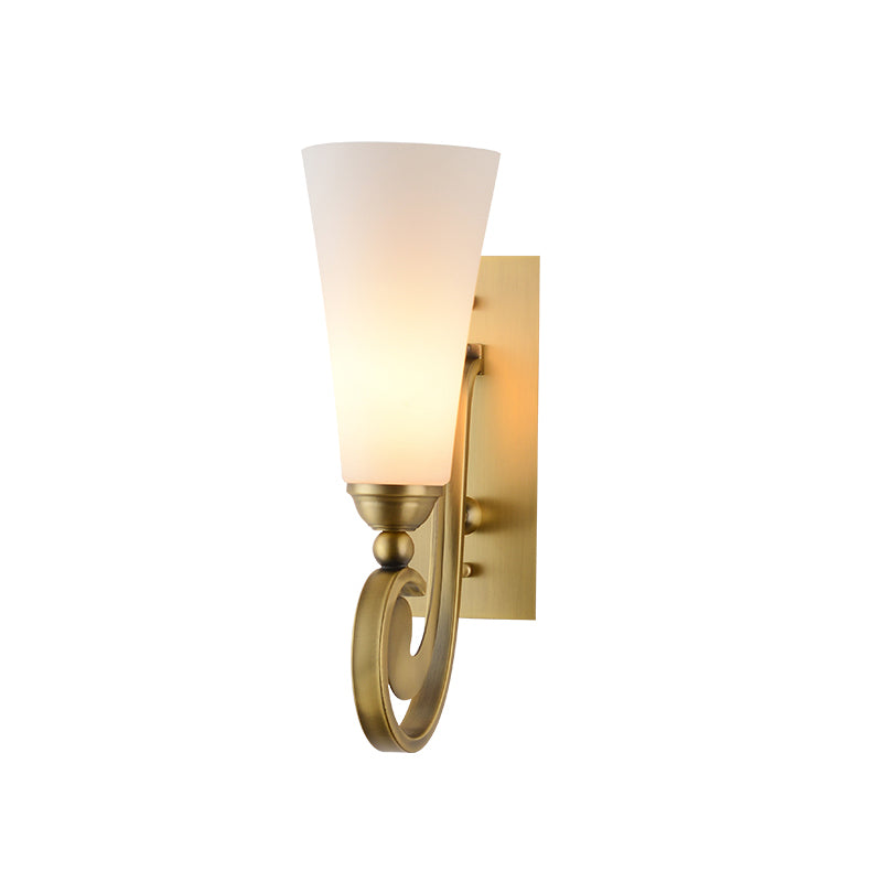 1 Head Tapered Wall Mount Lighting Modernism Style Frosted Glass Wall Light with Golden Curved Arm Clearhalo 'Wall Lamps & Sconces' 'Wall Lights' Lighting' 275176