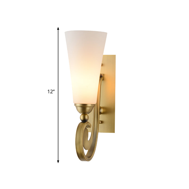 1 Head Tapered Wall Mount Lighting Modernism Style Frosted Glass Wall Light with Golden Curved Arm Clearhalo 'Wall Lamps & Sconces' 'Wall Lights' Lighting' 275177