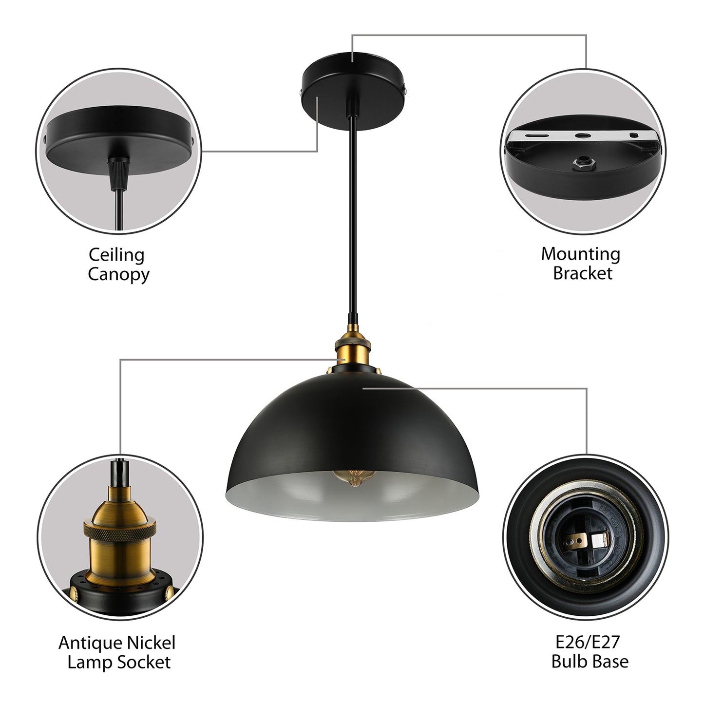 Black/White 1 Head Ceiling Light Antique Style Metallic Domed Pendant Lighting for Restaurant, 12"/16" Dia Clearhalo 'Art Deco Pendants' 'Black' 'Cast Iron' 'Ceiling Lights' 'Ceramic' 'Crystal' 'Industrial Pendants' 'Industrial' 'Metal' 'Middle Century Pendants' 'Pendant Lights' 'Pendants' 'Rustic Pendants' 'Tiffany' Lighting' 2752