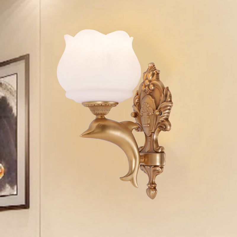 Gold Dolphin Wall Sconce Lamp Retro Style Metal 1 Light Living Room Wall Light with Opal Glass Petal Shade Gold Clearhalo 'Wall Lamps & Sconces' 'Wall Lights' Lighting' 275356