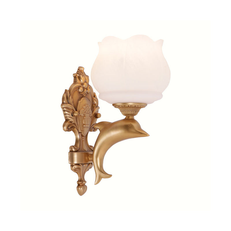 Gold Dolphin Wall Sconce Lamp Retro Style Metal 1 Light Living Room Wall Light with Opal Glass Petal Shade Clearhalo 'Wall Lamps & Sconces' 'Wall Lights' Lighting' 275359