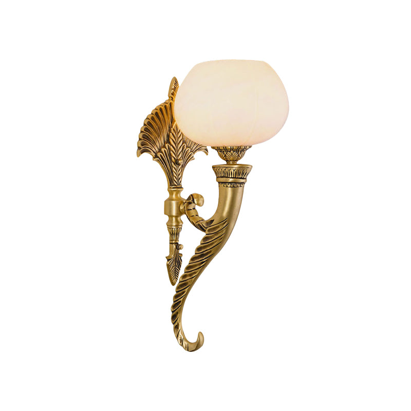 Opal Glass Bowl Wall Light Sconce Traditional Style 1 Light Living Room Wall Lighting in Gold Clearhalo 'Wall Lamps & Sconces' 'Wall Lights' Lighting' 275364