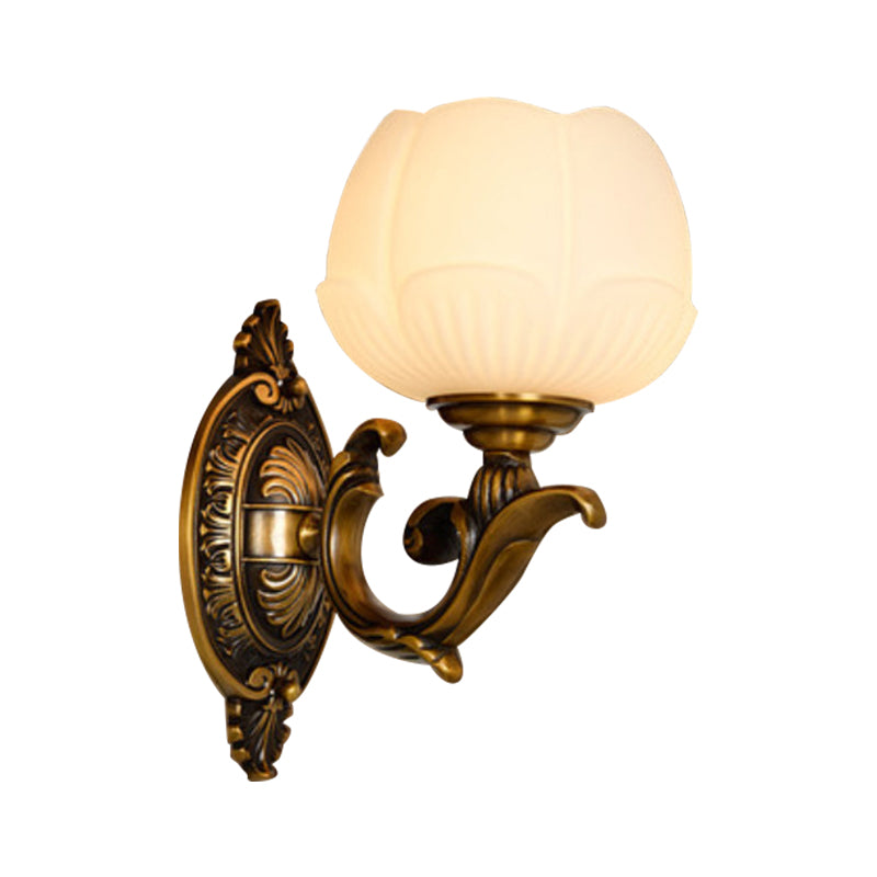 Lotus Shade Indoor Sconce Light Fixture Vintage White Glass and Metal 1 Light Brass Finish Wall Lamp Clearhalo 'Wall Lamps & Sconces' 'Wall Lights' Lighting' 275379