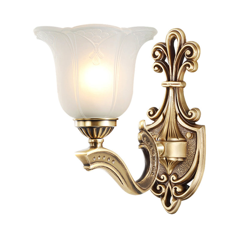 Metallic Brass Wall Mount Lamp Carved 1/2-Light Classic Stylish Wall Light Fixture with Opal Glass Petal Shade Clearhalo 'Wall Lamps & Sconces' 'Wall Lights' Lighting' 275385