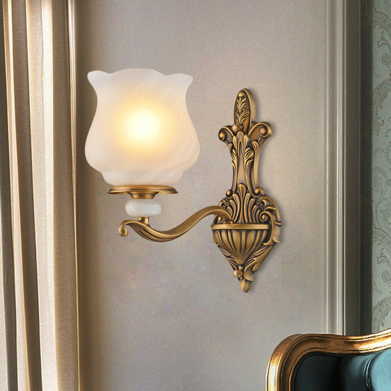 1/2-Head Wall Sconce Lighting Traditional Style Petal Shade Frosted Glass Wall Mounted Lamp in Brass 1.0 Brass Clearhalo 'Wall Lamps & Sconces' 'Wall Lights' Lighting' 275462