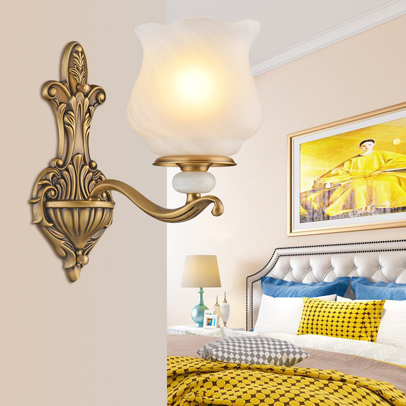 1/2-Head Wall Sconce Lighting Traditional Style Petal Shade Frosted Glass Wall Mounted Lamp in Brass Clearhalo 'Wall Lamps & Sconces' 'Wall Lights' Lighting' 275463