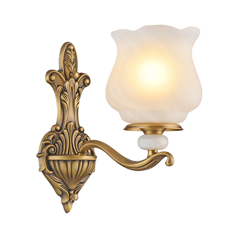 1/2-Head Wall Sconce Lighting Traditional Style Petal Shade Frosted Glass Wall Mounted Lamp in Brass Clearhalo 'Wall Lamps & Sconces' 'Wall Lights' Lighting' 275465