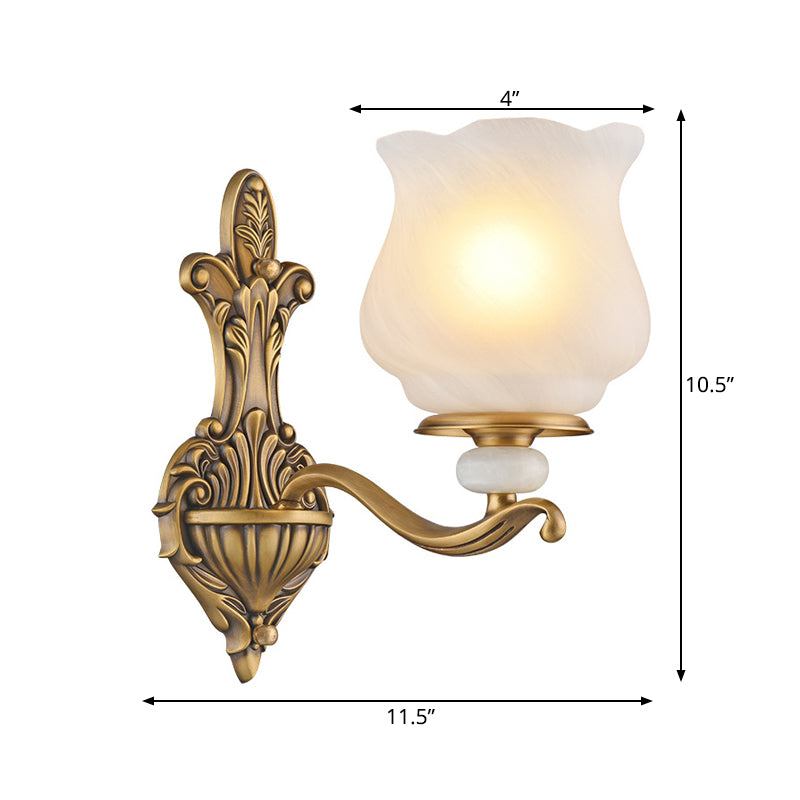 1/2-Head Wall Sconce Lighting Traditional Style Petal Shade Frosted Glass Wall Mounted Lamp in Brass Clearhalo 'Wall Lamps & Sconces' 'Wall Lights' Lighting' 275466