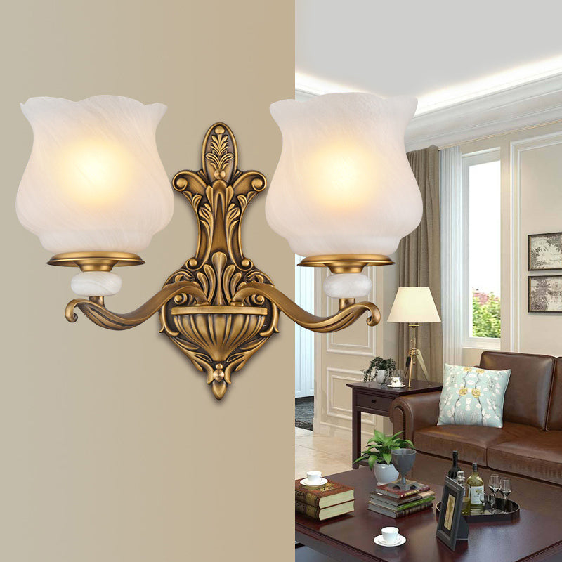 1/2-Head Wall Sconce Lighting Traditional Style Petal Shade Frosted Glass Wall Mounted Lamp in Brass 2.0 Brass Clearhalo 'Wall Lamps & Sconces' 'Wall Lights' Lighting' 275467