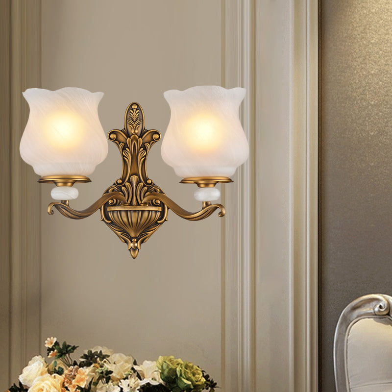 1/2-Head Wall Sconce Lighting Traditional Style Petal Shade Frosted Glass Wall Mounted Lamp in Brass Clearhalo 'Wall Lamps & Sconces' 'Wall Lights' Lighting' 275468