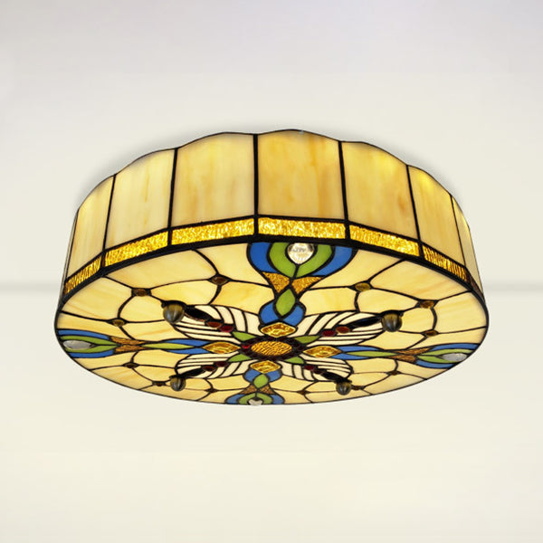 16"/19.5" Wide Drum Flush Ceiling Light Tiffany Lodge Stained Glass Shade Flush Mount Light in Beige for Dining Room Clearhalo 'Ceiling Lights' 'Close To Ceiling Lights' 'Close to ceiling' 'Flush mount' Lighting' 27547