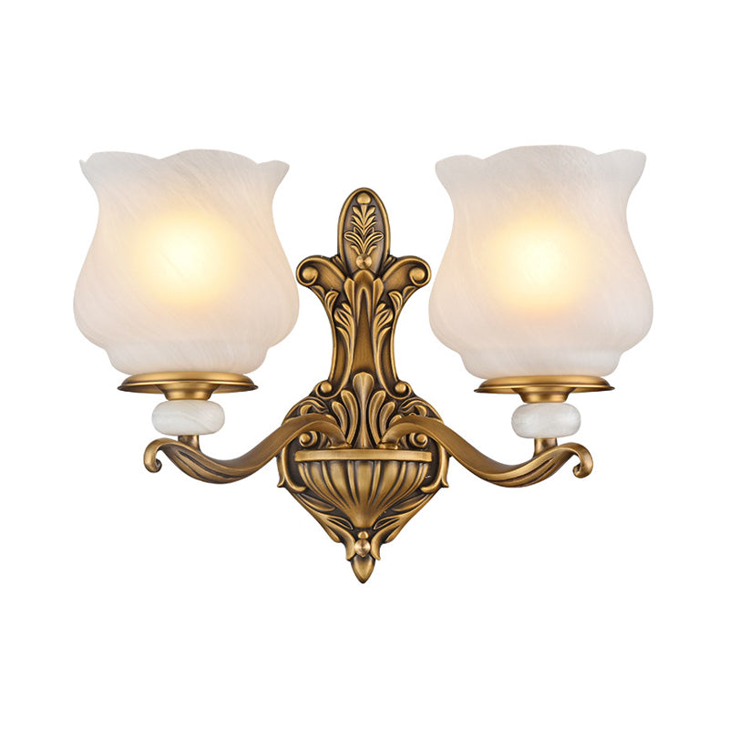 1/2-Head Wall Sconce Lighting Traditional Style Petal Shade Frosted Glass Wall Mounted Lamp in Brass Clearhalo 'Wall Lamps & Sconces' 'Wall Lights' Lighting' 275470