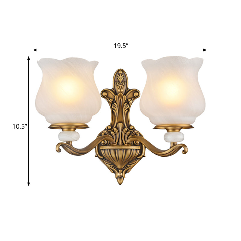 1/2-Head Wall Sconce Lighting Traditional Style Petal Shade Frosted Glass Wall Mounted Lamp in Brass Clearhalo 'Wall Lamps & Sconces' 'Wall Lights' Lighting' 275471