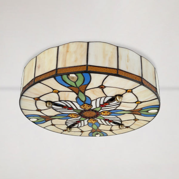 16"/19.5" Wide Drum Flush Ceiling Light Tiffany Lodge Stained Glass Shade Flush Mount Light in Beige for Dining Room Clearhalo 'Ceiling Lights' 'Close To Ceiling Lights' 'Close to ceiling' 'Flush mount' Lighting' 27548