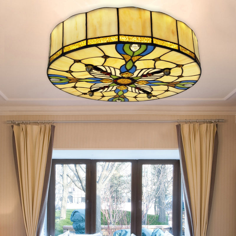 16"/19.5" Wide Drum Flush Ceiling Light Tiffany Lodge Stained Glass Shade Flush Mount Light in Beige for Dining Room Beige Clearhalo 'Ceiling Lights' 'Close To Ceiling Lights' 'Close to ceiling' 'Flush mount' Lighting' 27549